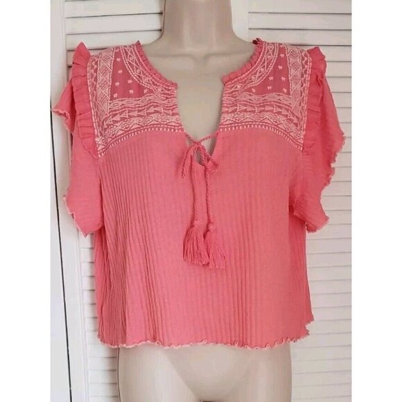 NEW FREE PEOPLE SARAFINA PEACH LEMONADE COMBO EMBROIDERED TASSEL TOP SZ MEDIUM - Picture 5 of 10